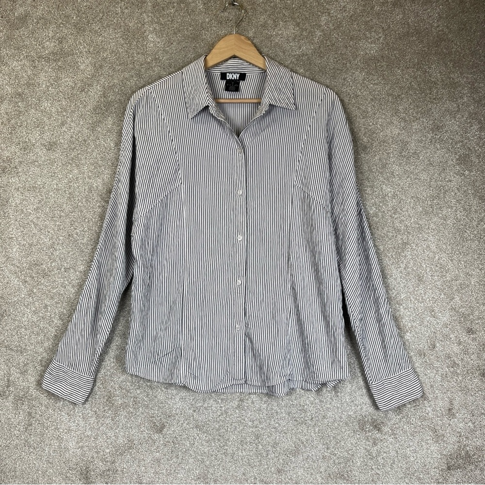 DKNY Shirt Womens Small Black White Stripe Rayon Blend Long Sleeve Button- 4442